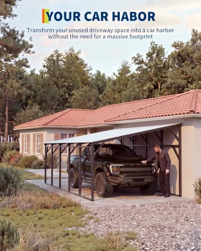 Image of Garvee 12x25x9 ft Lean-to Metal Carport, Wall-Mounted Car Port | Vertical Roof with 11.5 Slope / Heavy-Duty 19-Ga. Steel Frame / 107 inch to 78 inch Height Clearance for SUV & Pickup
