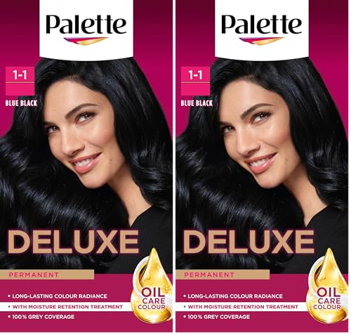 Palette Deluxe Creme Colouration 1-1 Blue Black Hair Dye, Permanent Hair Dye, Long-Lasting Hair Colouring with Moisture Retention Treatment and 100% Grey Coverage (Pack of 2)