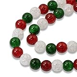 PREMIUM CHRISTMAS BEADS FOR JEWELRY MAKING: This festive 48-piece set includes 16 red, 16 emerald green, and 16 clear white 8mm crackle glass Christmas beads, providing the perfect color palette for holiday jewelry making projects. These Christmas gl...