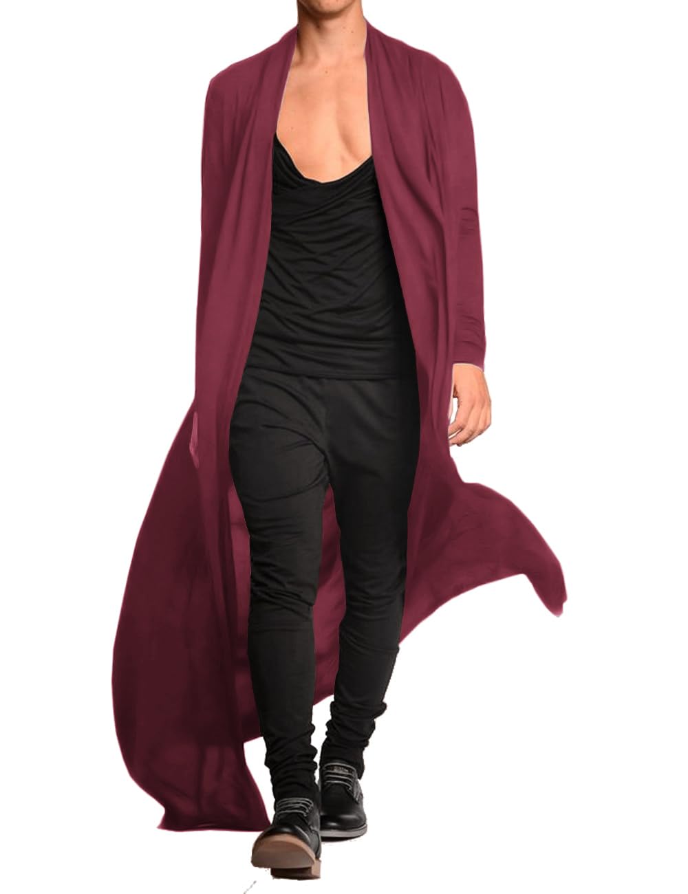 COOFANDY Men's Lightweight Ruffle Shawl Collar Cardigan Open Front Long Length Drape Cape Overcoat