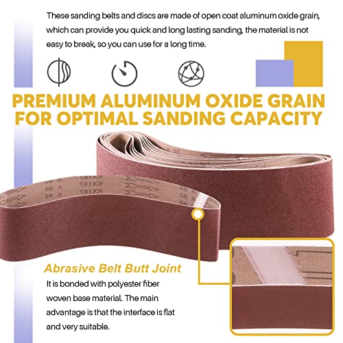 Swpeet 23Pcs 4 X 36 Inch Aluminum Oxide Sanding Belts (80/120/150/240/400 Grits) With 6 Inch No-Hole Back Flocking Sanding Disc (80/100/120/180/240/400 Grits) And Cleaning Eraser #TOP3