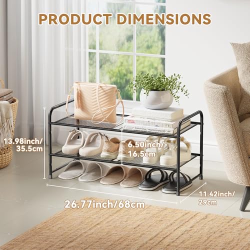 Image of Shoe Rack, 2 Tier 27 inch Wide Metal Mesh Shoe Organizer for Closet Holds up to 6-9 Pairs, Stackable, Black