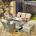 CAODOC Patio Furniture Sets with Fire Pit Table,6 Pieces All Weather PE Wicker Conversation Sofa,Outdoor Furniture Grey Wicker beige Cushion