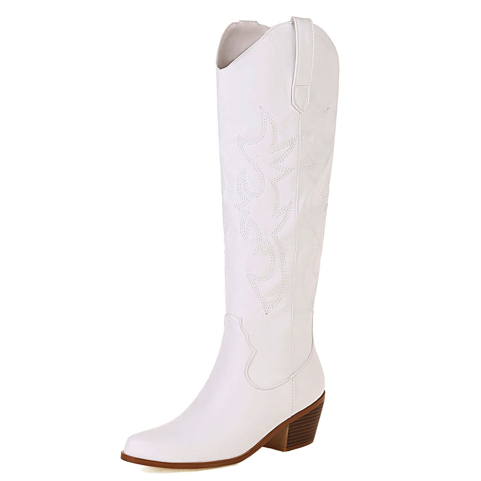 ErocalliCowboy Boots for Women Embroidered Pull-On Chunky Stacked Heel Cowgirl Knee High Western Boots