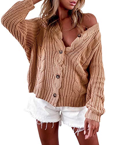 Women’s Cable Knit Cardigans Open Front Button Down V-Neck Long Sleeve Loose Fit Cropped Sweater Brown