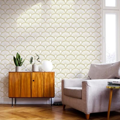 Image of Veki Luxury Floral & Botanical Geometric Wallpaper Mural - Waterproof, Moisture-Proof, Self-Adhesive PVC Wall Sticker for Home & Hotel Decoration (45cm x 300cm) (White Gold)