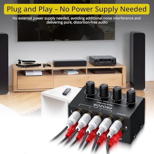Image of PROZOR 4-Channel Stereo Audio Mixer, RCA Input with Independent Volume Controls, Metal Housing, Ultra Low Noise, for TV /PC Mixing, Home Studios, DJ Performances - No Power Required, Plug and Play