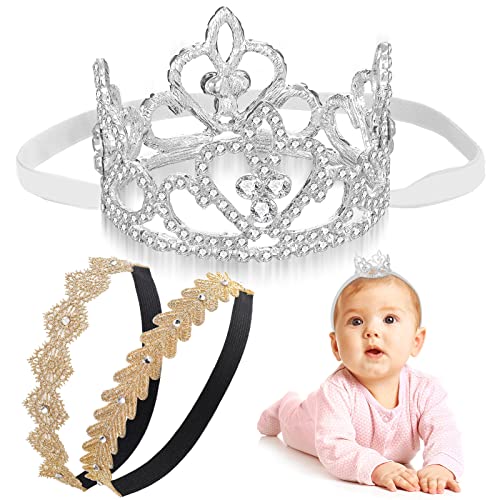 3 Pieces Baby Crown Tiara Headband Gold Headbands for Baby Girl Newborn Crown Toddler Headband Infant Crystal Tiara Crown Elastic Lace Flower Leaf Headbands Headwear for Baby Girl Photography Props