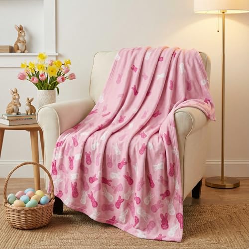 Horaldaily Easter Flannel Blanket Throw Pink Rabbit Bunny Shape Soft Fuzzy Plush Cozy Fleece Blankets for Couch Sofa Bed Lounging Ideal Gifts for Kids Adults Self 50x60