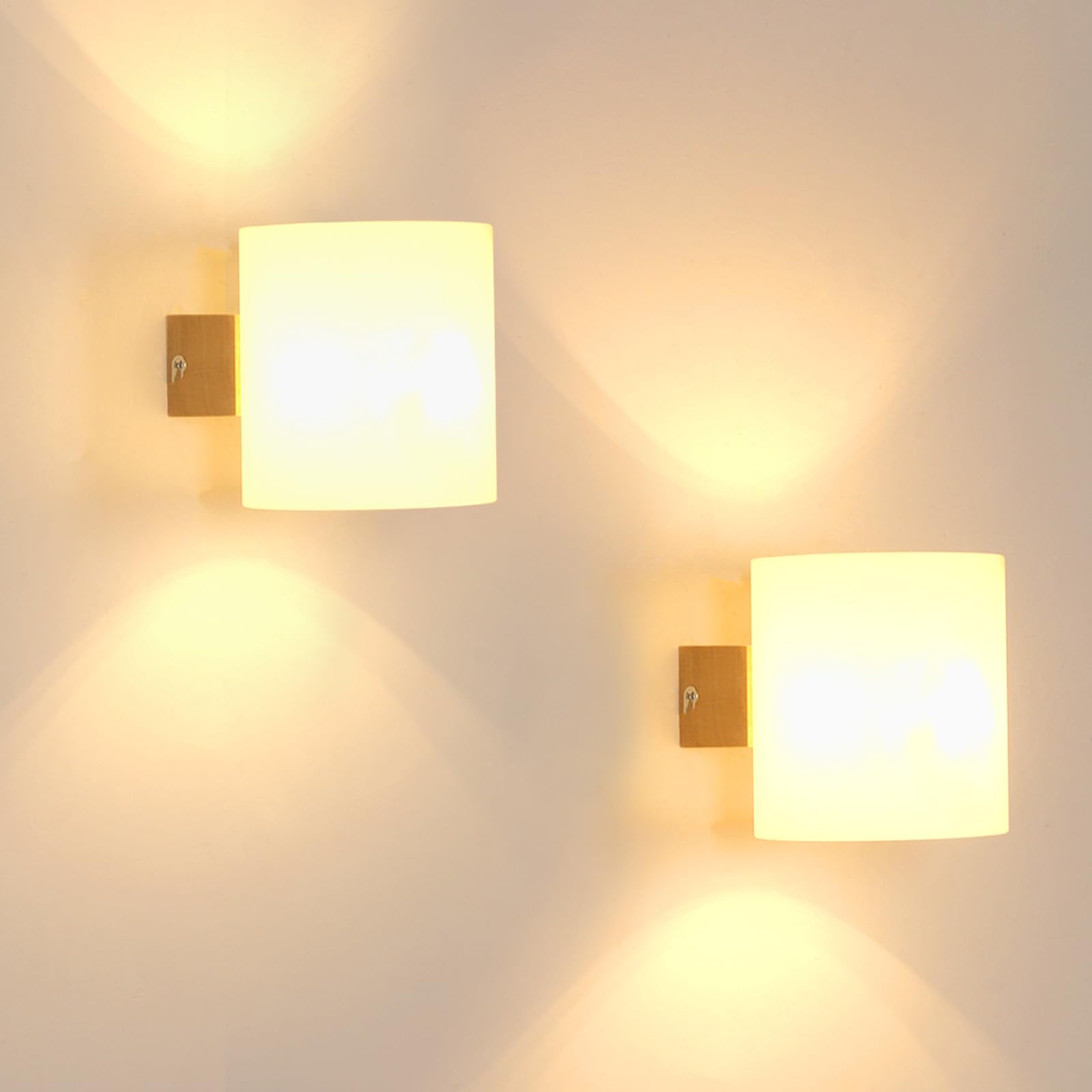 Wandleuchte Innen Holz E27, 2 Stück Wandlampe Innen mit Glas Lampenschirm, Moderne Holz Wandbeleuchtung mit E27 Fassung für Schlafzimmer Küche Wohnzimmer Flur Treppenhaus (Ohne Glühbirne)