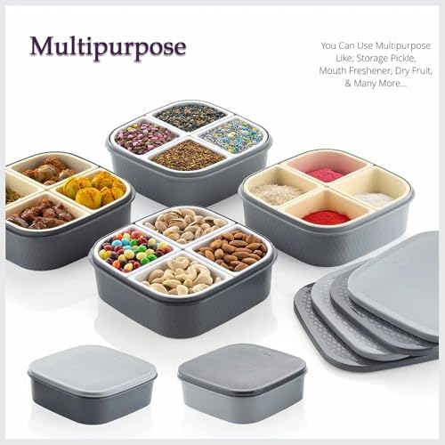 Image of Oblivion Plastic Dry Fruit /Masala Box | 4 Sections Multipurpose Box | Masala Container | 4 In 1 Spice Boxes for Kitchen | Rangoli Container | Home Storage Masala Dabba (Pack of 1)