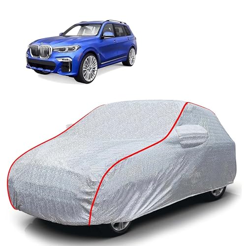 Image of Sulfar 100% Waterproof Car Body Cover Compatible with Mirror for BMW X7 (Triple Stitched, Full Bottom Elastic, Magic Silver with Red Piping)