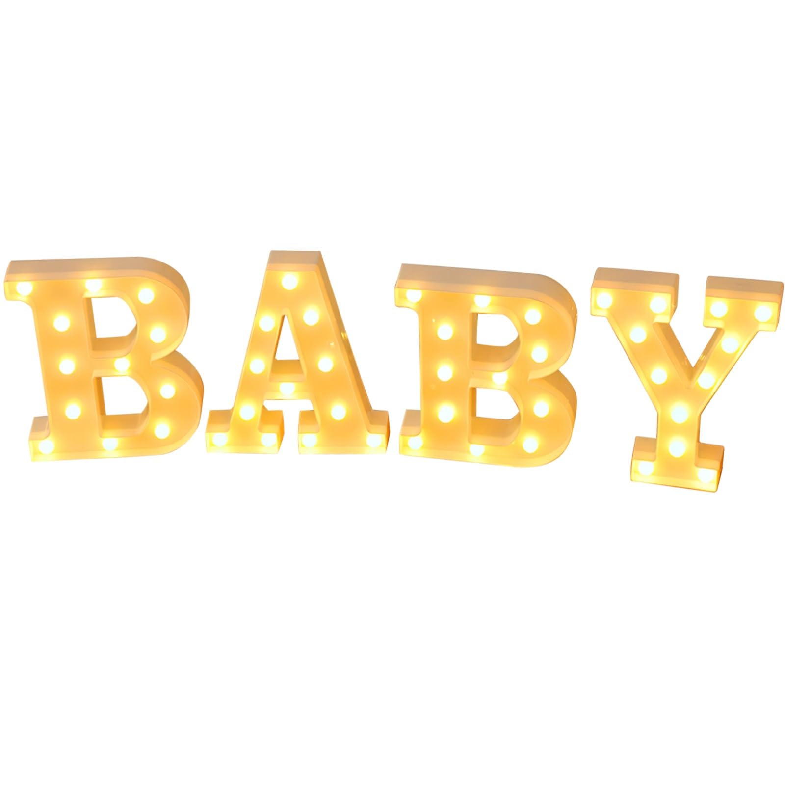 Letrero iluminado, letras LED amarillas, perfectas para baby showers, anuncios, decoración de fiestas, incluye A, B, B, Y, 22,5 cm, 4 piezas