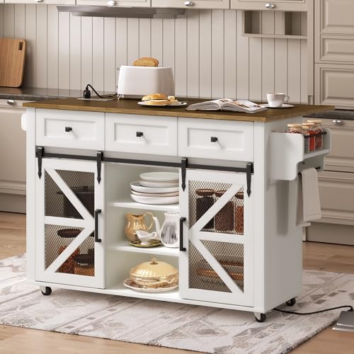 RALGEND Kitchen Island with Storage, 55' Kitchen Cart with Charging Station, Rolling Kitchen Island Table with Drop-Leaf, 3 Drawers, Barn Doors, Towel Rack and Spice Rack, White and Walnut