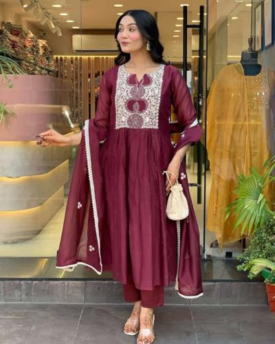 Image of Women's Cotton Printed Anarkali Kurti with Pant and Mulmul Dupatta Set