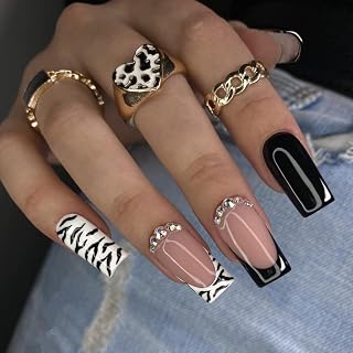 EALGA Black French Tip Press on Nails with Rhinestones, Zebra Stripes Tips White False Nails, Black Press on Nails Design, Pink Coffin Press on Nails with Tips, French Nails Art, 12 sizes, 24 pieces EALGA-ST030