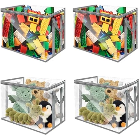 Rainmae 4pcs Large Nursery Transparent Basket Storage bags Organizer For Toys, Stuffed Animals, Blocks, Clays Baskets Bins Chest, PVC Transparent Toy Bags Storage Bins with Lid & Handles Cover