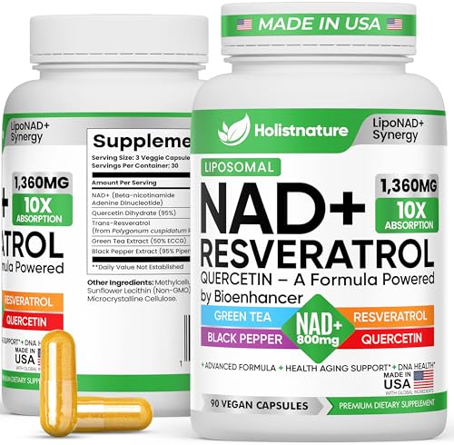 Holistnature NAD+ Supplement 1360mg Liposomal with Resveratrol Quercetin Green Tea - 90 Capsules for Cellular Energy and Healthy Aging