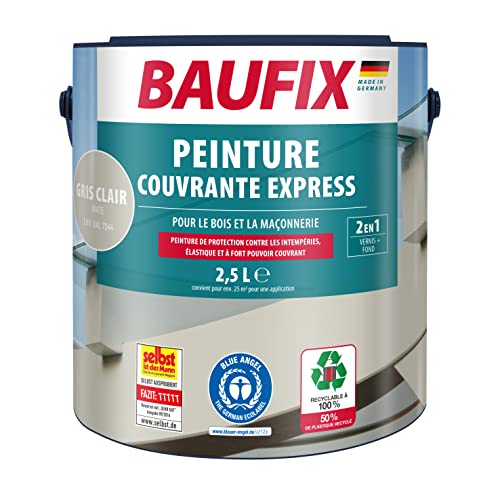Baufix Express - Peinture couvrante gris clair mat - 2,5 l - Protection contre les intempéries - Peinture pour bois - Durable - Convient pour...