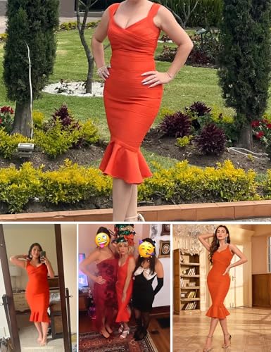 Image of Shoulder Strap Sleeveless Fishtail Midi Bandage Dress for Women Bodycon Club Party Evening Dresses