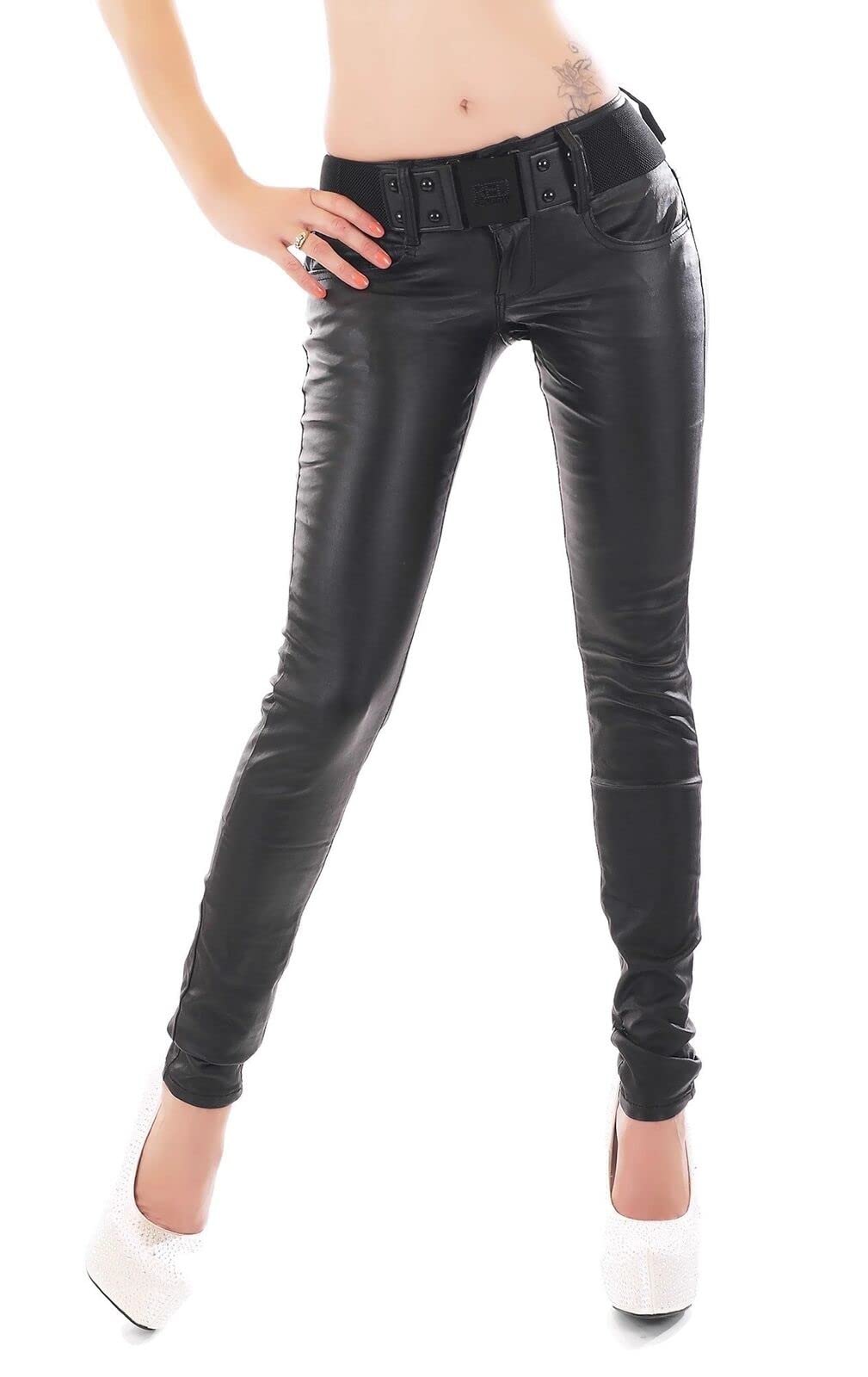 Women's Faux Leather Skinny Trousers Coated Stretch Biker Black Pants UK 12