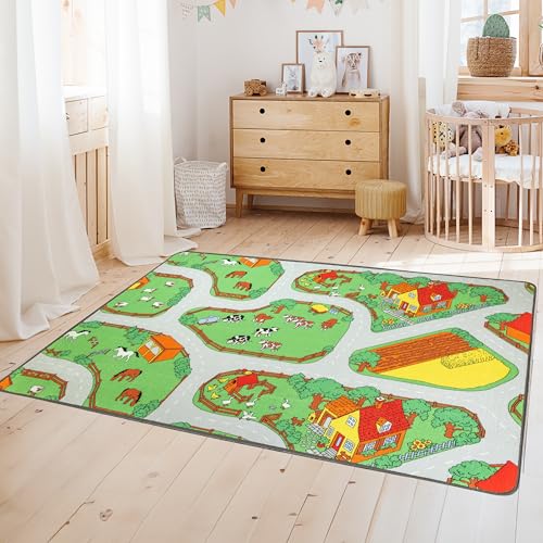 Primaflor Spielteppich Bauernhof - 95x200 cm | Straßenteppich mit Tieren | Made in EU | Kinderteppich mit Straßen für Jungen & Mädchen | für Fußbodenheizung | Kurzflor Teppich für Kinderzimmer