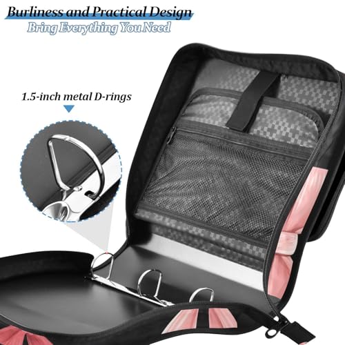 Image of 3 Ring Zipper Binder with Shoulder Strap Pink Red Bow Black 1.5 inch Binders Keeper Large Capacity Multi Pockets for School Office Supplies