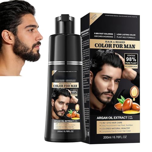 Negro Champú Colorante 4 en 1 para Hombre,Tinte Semipermanente Cabello y Barba, Cobertura de Canas Rápida,Cuidado con Aceite de Argán,Uso Fácil en Casa,200 ml