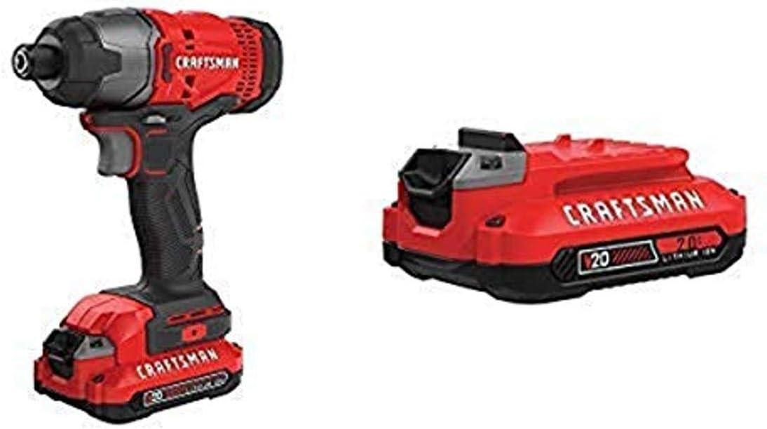 CRAFTSMAN V20 Impact Driver Kit, Cordless, 1/4-Inch with EXTRA Lithium Ion Battery, 2.0-Amp Hour (CMCF800C2 & CMCB202)