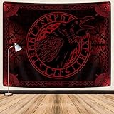 Viking Raven Crow Meditation Runes Wall Art, Red Tapestry for Bedroom, Living Room, Dorm - 60x40Inch