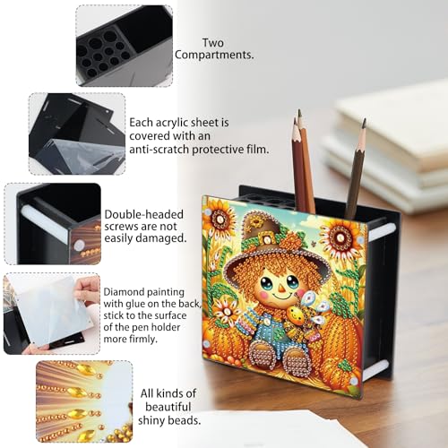 Image of Diamond Painting Pen Holder, DIY Diamond Art Desk Organizer with Autumn Harvest Pumpkin Design, Fall Diamond Art Kits for Adults, Decorative Desktop Storage Box for Office and Home