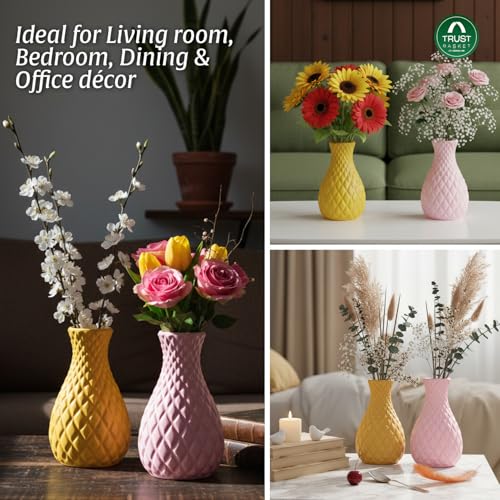 Image of TrustBasket Serenity Decorative Plastic Flower Vase Set Yellow Pink, Modern Table Top Home Accent for Living Room Bedroom Dining Office, Minimalist Durable Lightweight Decorative Set of 2