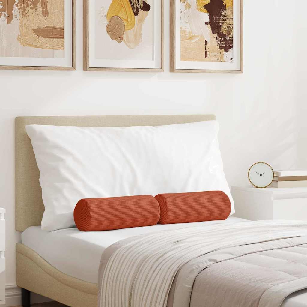 Coppia Cuscini a Rullo in Velluto a Coste Rosso Arancio 15x40 cm | Cuscini cilindrici decorativi sfoderabili per soggiorno, camera da letto e ufficio, imbottitura morbida.
