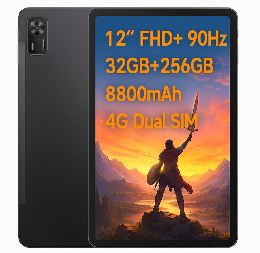 DOOGEE Tab E3+ Tablet Android 15, 12' IPS FHD+ 90Hz, 32GB RAM+256GB ROM/2TB, 8800mAh, 13+5MP Cámara, Octa-Core 6nm, Dual SIM 4G LTE, 4 Altavoces, GPS, Gemini AI, 2025, Negro