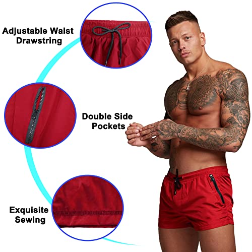 Men's Swim Trunks Quick Dry Swim Shorts Summer Swimwear Mens Sports Beach Shorts with Mesh Lining and Zipper Pockets Red4