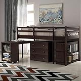 Cotoala Twin Low Study Loft Bed with Cabinet and Rolling Portable Desk, Wood Bedfram w/Safety Guard Rails for Kids Teens Adults, No Box Spring Required, Espresso