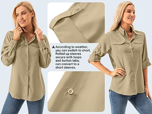 Asfixiado Damen Hemdbluse UV Shirt UPF 50+ Safari Kleidung Wanderbluse Damen Outdoor Cooling Quick Dry Sonnenschutz Langarm Luftiges Hemd（5072 Khaki S）