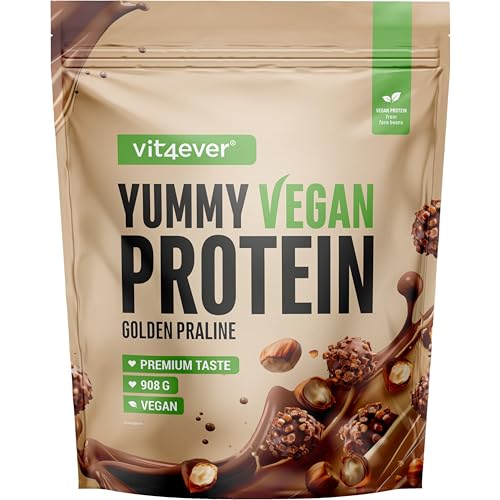 Yummy Vegan Protein Golden Nougat Praline – Batido proteico vegetal con 24,7 g de proteína por porción a partir de aislado de haba (fava) con BCAA y aminoácidos – 908 g