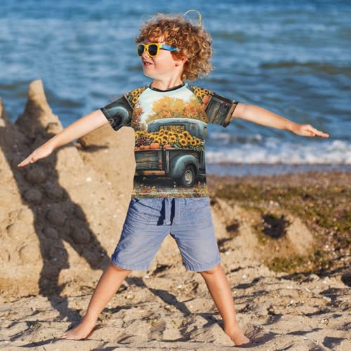 Boys Short Sleeve T-Shirts Truck Car Vintage Farm Rashguard Kids Swim Shirts Sun UPF 50+4