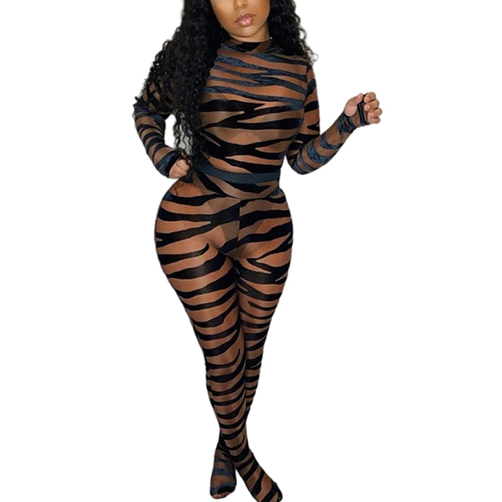 Women’s Stripe Sheer Mesh Jumpsuit Long Sleeve High-Waist Bodycon Fit One Piece Jumpsuit Rompers