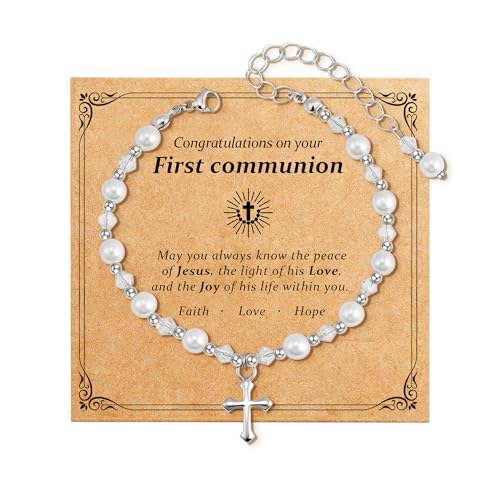 First Communion Gifts for Girls - Pearl Cross Bracelet for Girls First Holy Communion, Baptism, Confirmation Gifts for Teen Girls Granddaughter Daughter Niece