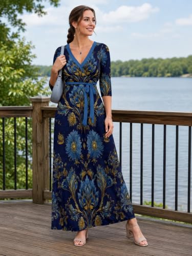 Image of SUZONANA Plus Size Dresses for Women Floral Print Maxi Dress Flowy 3 /4 Sleeve with Belt