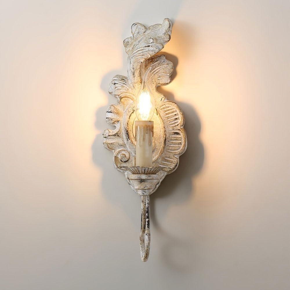 LUOYAOB Vintage Candle Wall Sconce Antique Wall Lamp Retro Farmhouse Wall Lighting Fixture E14 Indoor Decorative Candle Holder Wall Light for Bedroom Living Room Restaurant Coffee(Vintage White)