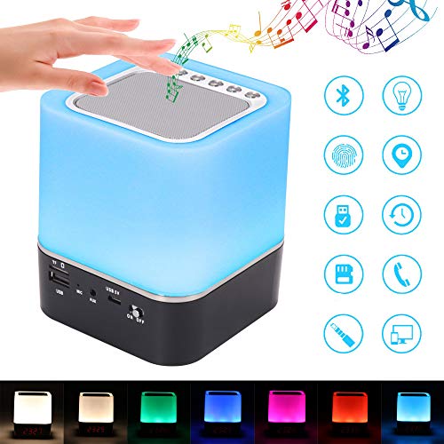 Altavoz de la Lámpara de Cabecera, SUNJULY Reloj Despertador Altavoz Bluetooth Calendario Digital, Control Táctil 1200mAh Batería Soporte TF Tarjeta SD Mejor Regalo Niños