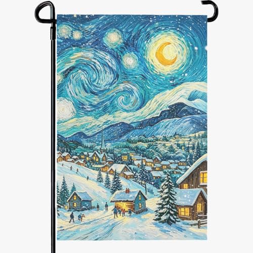 Dacawin Winter Garden Flag Snowy Village Starry Night Xmas Van Gogh Yard Flags Winter Landscape Christmas Snow Scene Double Sided House Banner for Farmhouse Patio Yard Lawn Seasonal Decor 12x18 Inch