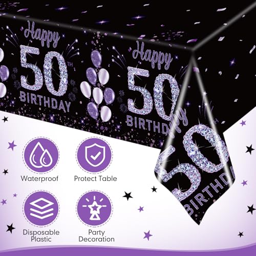 Image of Ganeen 3 Pack 50th Birthday Tablecloth Purple Black Happy 50th Birthday Decorations Disposable Plastic Rectangular Table Cover for Party Supplies Women Men, 108 x 54 Inch