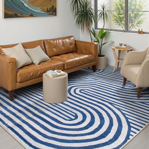 Lahome Modern Washable Area Rugs 5x7, Blue and White Rugs for Bedroom Ultra-Thin Non-Shedding, Abstract Living Room Rugs Stain Resistant Geometric Large Carpet for Kids Office Dorm Alba(5'X7',Blue)