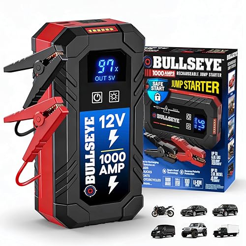 Bullseye Safety XL 1000A Car Battery Jump Starter Box with Jumper Cables, 12V Car Jump Starter Portable Booster for 6.0L Gas and 3.0L Diesel Engines, 2250 mAh Rechargeable, Reverse Polarity Protection