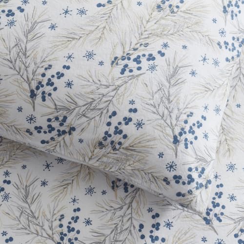 Image of Tahari Home Twin Size 3-Piece Bedding Set - 2 Sheets & 1 Matching Pillowcase | Fitted & Flat Sheets | Cozy & Warm Brushed Flannel | Soft & Breathable | Durable & Wrinkle Resistant | Pine Taupe Blue