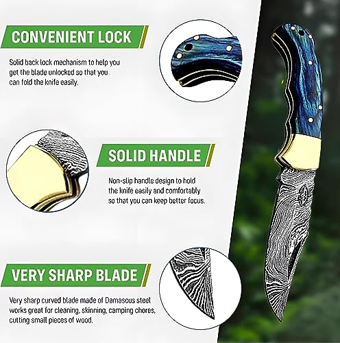 Best.Buy.Damascus1 Damascus Pocket Knife – Handmade Folding Knife with Blue Wood Handle, Razor Sharp EDC Blade with Leather Sheath – Survival, Camping & Hunting Knife for Men - Thumbnail 3